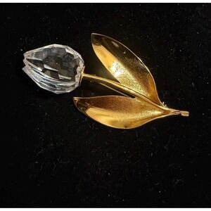 Swarovski Swan Signed Crystal Tulip Flower Brooch Gold Tone